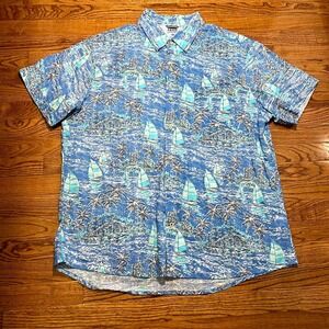 Izod Saltwater Shirt Men's 2XL XXL Blue Beach Tropical Hawaiian Ocean Sailboat